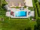 Aerial view of a backyard with a pristine pool, patio, and lush green lawn perfect for entertaining at 6639 E Deerfield Dr, Zionsville, IN 46077