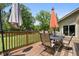 Wooden deck area with outdoor table and chairs, surrounded by a lush green lawn and mature trees at 12920 N Oakhaven Dr, Camby, IN 46113