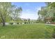 Green backyard features view to a pond and surrounding houses, with mature trees offering plenty of shade at 14353 Chariots Whisper Dr, Carmel, IN 46074