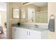 Bathroom featuring a single sink vanity, a large mirror, and a walk-in shower at 17841 Grassy Knoll Dr, Westfield, IN 46074