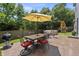 Outdoor patio featuring a dining table, seating area, and lush green surroundings for relaxation and entertainment at 17841 Grassy Knoll Dr, Westfield, IN 46074