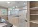 Bathroom featuring a glass door shower, granite vanity and mosaic tile flooring at 2422 Oak Dr, Clayton, IN 46118