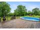 Backyard pool featuring a wooden deck, lush greenery, and serene outdoor space at 5312 E Southern Ave, Indianapolis, IN 46203