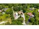 Aerial view of the property showcasing the in-ground pool, detached garage, and wooded surround at 3480 W Broadus Dr, North Vernon, IN 47265