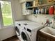 Bright laundry room with front-load washer and dryer, window view, and open shelving for storage at 377 4Th E Ct, Carmel, IN 46033