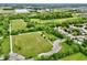 Aerial view of a neighborhood featuring green spaces, a parking lot, and athletic fields at 412 Sonhatsett Dr, Westfield, IN 46074