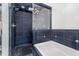 Modern bathroom features black tile walk-in shower with glass partition and white soaking tub at 536 Lockerbie S Cir, Indianapolis, IN 46202