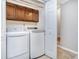 Functional laundry room with modern appliances and ample storage space, next to basement stairs at 536 Lockerbie S Cir, Indianapolis, IN 46202