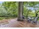 Wooden deck offering a barbecue grill and outdoor dining, set amongst mature trees at 577 Century Oaks Dr, Zionsville, IN 46077