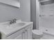 A clean white bathroom with modern vanity and shower at 9317 E 36Th Pl, Indianapolis, IN 46235