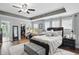 A beautifully styled main bedroom features a tray ceiling, walk-in closet, and an ensuite bathroom at 1281 Jesse Ct, Greenwood, IN 46143