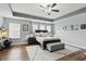 Spacious main bedroom features a tray ceiling, natural light, hardwood floors, and modern decor at 1281 Jesse Ct, Greenwood, IN 46143