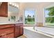 Bathroom features an oval tub and two windows providing ample light and neighborhood views at 14711 Macduff Dr, Noblesville, IN 46062