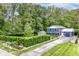 Aerial view of blue home with large lawn and well-manicured hedges, surrounded by lush, mature trees at 1513 Alimingo Dr, Indianapolis, IN 46260