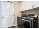 Functional laundry room with modern washer and dryer, plus upper cabinets for storage at 1539 Hazy Falls Blvd, Westfield, IN 46074