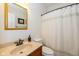Well-lit bathroom with stylish vanity, framed mirror, and shower with curtain at 16126 Hymera Green, Westfield, IN 46074