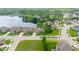 Aerial view of a neighborhood highlighting beautiful homes, green lawns, and a scenic lake in the background at 4359 Prairie Falcon Dr, Zionsville, IN 46077