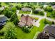 An aerial view showcases the home with a covered patio, basketball hoop, mature trees, and lush green lawn at 5251 Apache Moon, Carmel, IN 46033