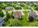 The aerial view shows the home's outdoor patio, large yard and mature landscaping within a vibrant neighborhood at 5251 Apache Moon, Carmel, IN 46033