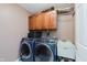 Laundry area includes front loading washer and dryer, overhead storage and utility sink at 5251 Apache Moon, Carmel, IN 46033