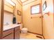 Bathroom with wood-style walls featuring a sink, toilet, mirror, and window at 5821 Bittersweet Rd, Morgantown, IN 46160