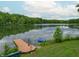 Scenic lake view featuring a wooden dock, blue pontoon, and lush greenery under a partly cloudy sky at 5821 Bittersweet Rd, Morgantown, IN 46160