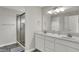 Bathroom showcasing a dual sink vanity with white cabinets, a large mirror, and walk-in shower at 7319 Farlin Dr, Whitestown, IN 46075
