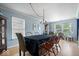 Formal dining room with a chandelier, hardwood floors, and blue accent walls at 12624 Majestic Way, Fishers, IN 46037