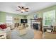 Cozy living room featuring a fireplace, ceiling fan, and two large windows at 12624 Majestic Way, Fishers, IN 46037