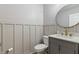 Stylish powder room features a round mirror, gray vanity, and paneled walls, creating a modern, elegant design at 2223 Ryder Pl, Westfield, IN 46074