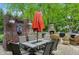 Outdoor dining area with a brick wall, stone fireplace, seating for six, and a built-in grill at 5419 Cayman Dr, Carmel, IN 46033