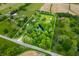 Aerial shot of property features a pond and home, all enclosed within defined property boundaries at 5730 S 50 W, Trafalgar, IN 46181