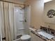 Bathroom featuring updated vanity, toilet, and shower with curtain at 5730 S 50 W, Trafalgar, IN 46181