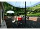Enjoy outdoor living on this patio with an inviting table setup and lush greenery, perfect for relaxation at 6412 Fall Creek Rd, Indianapolis, IN 46220