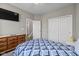 Comfortable bedroom with light gray walls, TV, closet and blue patterned bedding at 6923 Bryant Pl, Plainfield, IN 46168