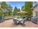 A spacious deck has an umbrella, dining table, chairs, grill, and built-in bench seating at 10697 Woodmont Ln, Fishers, IN 46037