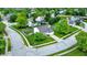 Aerial view of a well-maintained neighborhood with mature trees, green lawns, and a swimming pool at 1234 Breaside Cir, Greenwood, IN 46143