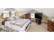 Bedroom with white trim, neutral carpet, a TV, and quilt bedding with several windows at 1352 Clinton St, Noblesville, IN 46060