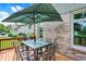 Relaxing back deck area with an umbrella and outdoor dining, connected to the home with large windows at 1850 Longest Dr, Franklin, IN 46131