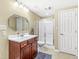 Well lit bathroom with white sink, wooden cabinets and a shower at 18514 Oriental Oak Ct, Noblesville, IN 46062
