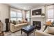 Cozy living room with fireplace, comfortable sofas, ottoman, hardwood floors, and plenty of natural light at 28 N Elizabeth St, Indianapolis, IN 46219