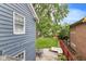 Aerial view of a backyard featuring a patio seating area, lawn, and fence at 519 Woodruff Place Middle Dr, Indianapolis, IN 46201