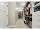 Long walk-in closet with built in shelving, hanging racks, carpet, and storage space for shoes and clothing at 5572 Harness Dr, Greenwood, IN 46143