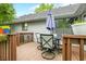 This is a wooden back deck with outdoor furniture and an umbrella at 6737 Raritan Dr, Indianapolis, IN 46221