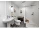 Well-lit bathroom with a pedestal sink, toilet, and updated walk-in shower at 10479 Dusty Rose Dr, Zionsville, IN 46077