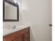 Cozy powder room with a wood vanity, sink, framed mirror, and light fixture at 150 Dominion Dr, Zionsville, IN 46077