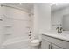 Bright, all-white bathroom featuring a shower-tub combo with tile surround, modern fixtures, and vanity with sink at 1818 Central Ave, Indianapolis, IN 46202