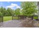 Backyard wooden deck area with railing overlooking large grass area at 3014 Saddlehorn Dr, Carmel, IN 46033