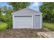 Detached one-car garage with grey siding, white door and blue access door at 3334 N Chester Ave, Indianapolis, IN 46218