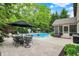 Serene backyard oasis with a pool, patio, comfortable seating, and lush landscaping at 5268 Woodfield Dr N, Carmel, IN 46033